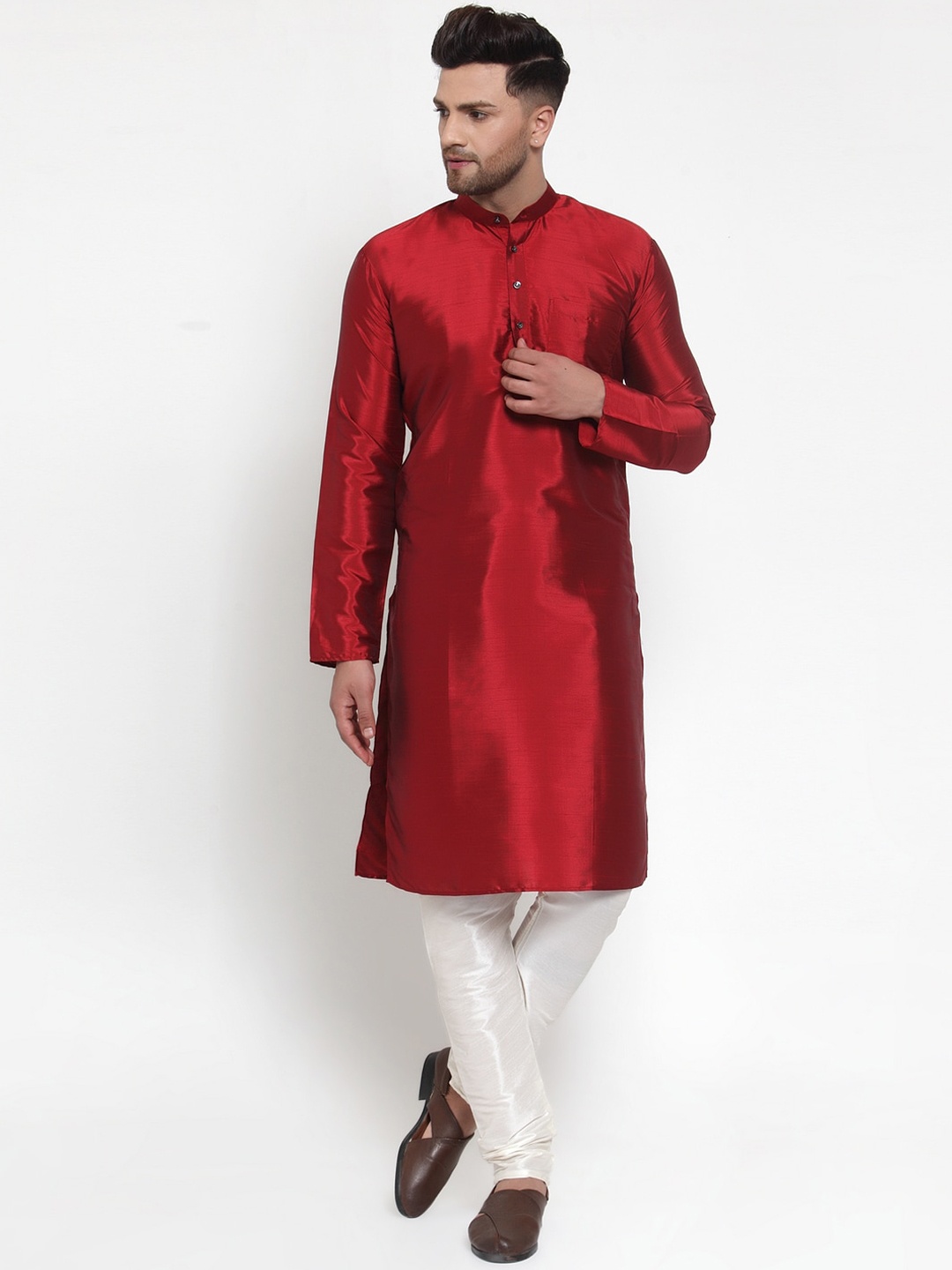 Jompers Men Maroon & White Solid Kurta with Churidar