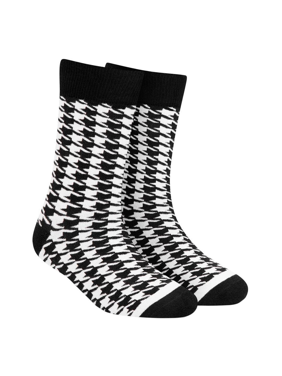 Dynamocks Unisex Black & White Houndstooth Patterned Calf-Length Socks