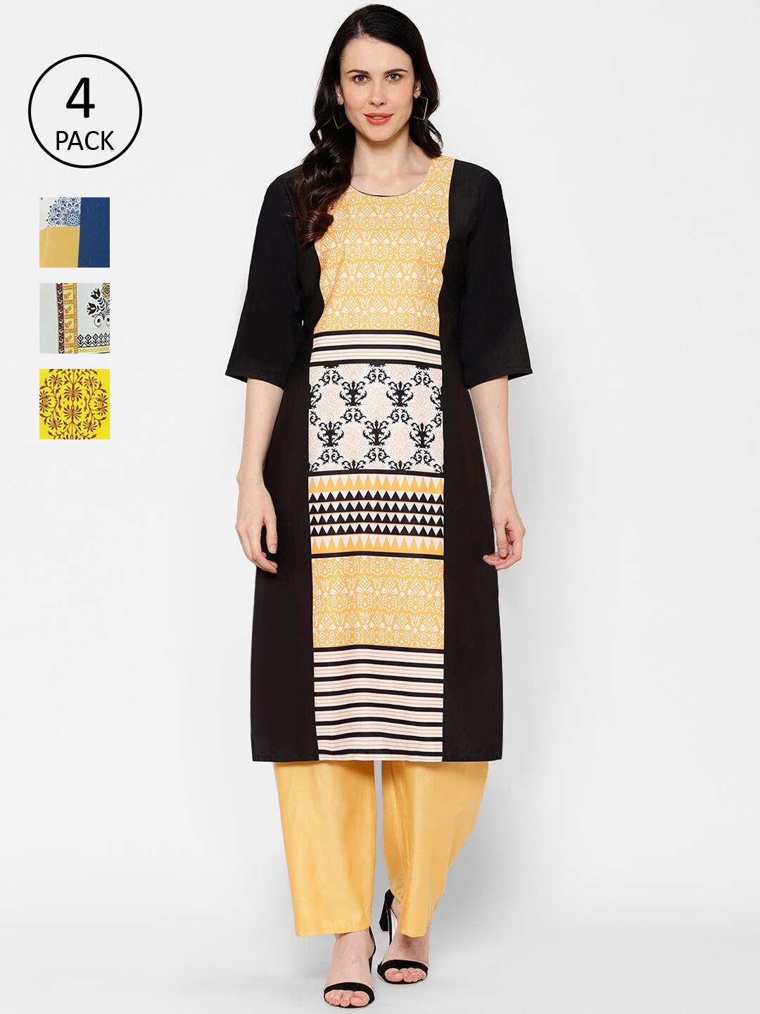 

7Threads Multicoloured Pack of 4 Ethnic Motifs Printed Crepe Kurta, Multi
