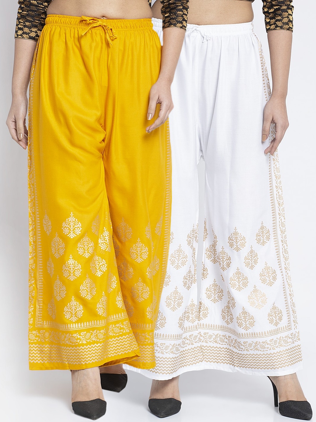 

GRACIT Women White & Yellow Pack of 2 Hem Design Wide Leg Palazzos