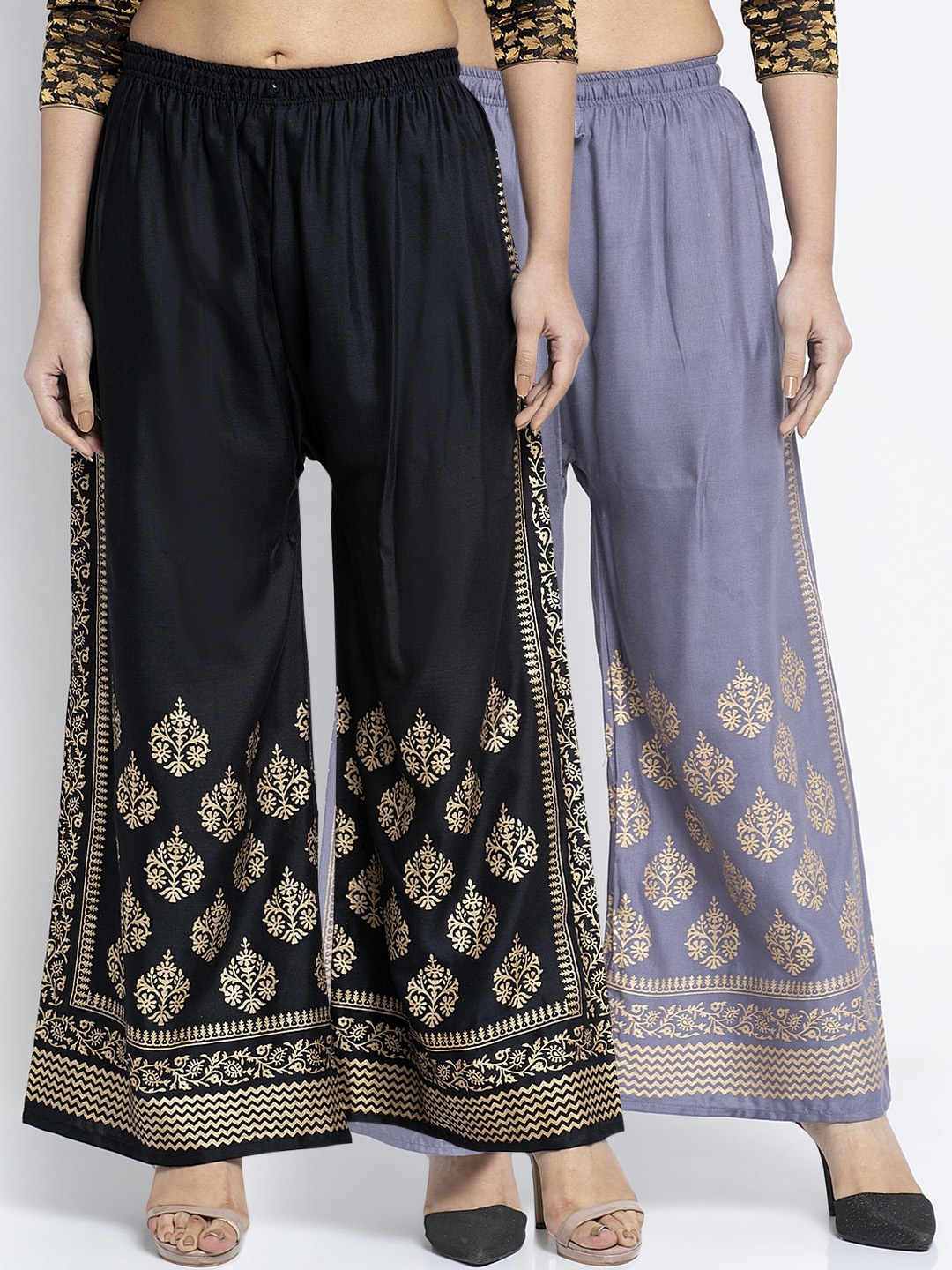 

GRACIT Women Black & Grey Set of 2 Hem Design Flared Palazzos