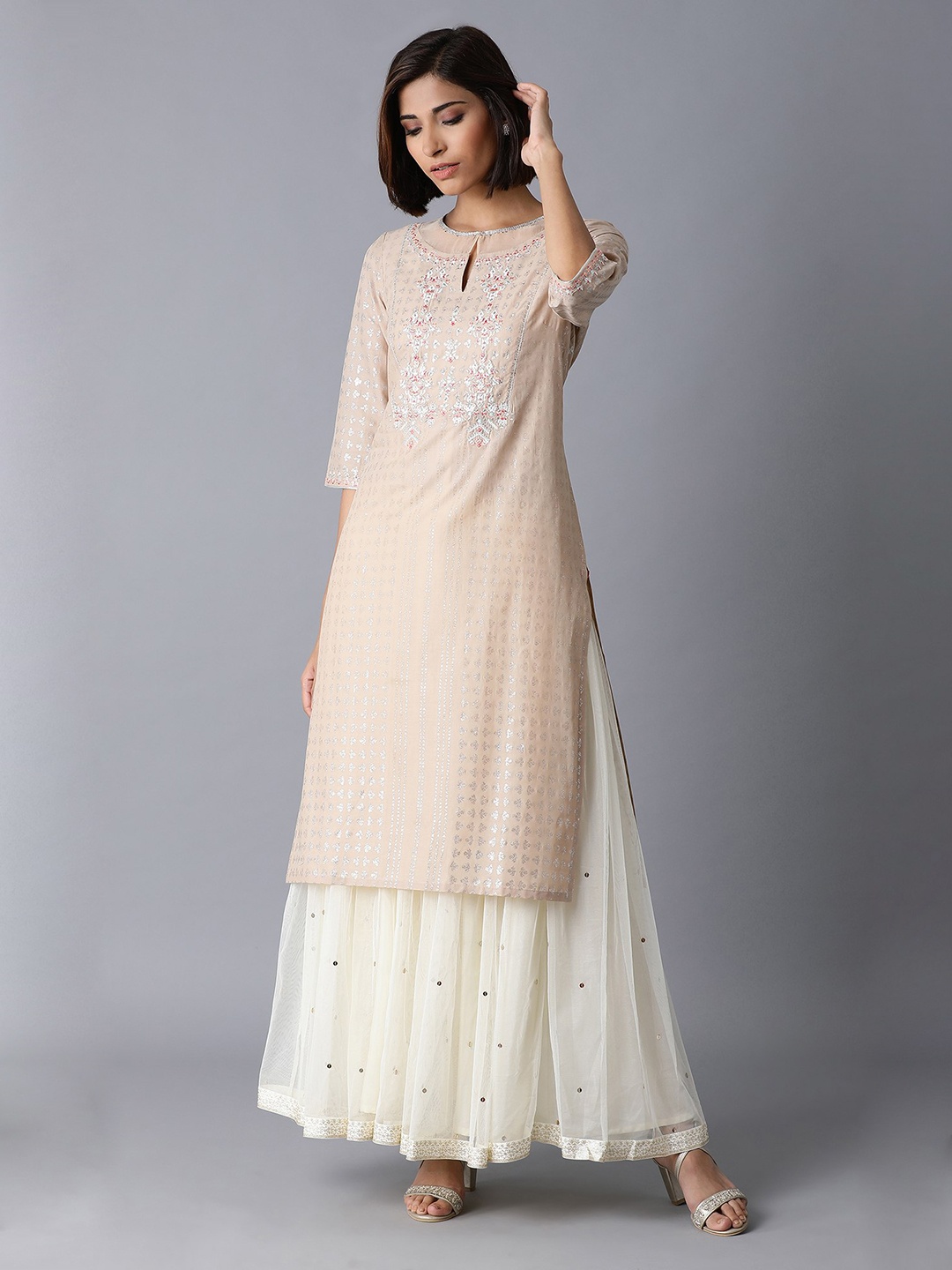 

W Women Beige Ethnic Motifs Keyhole Neck Kurta