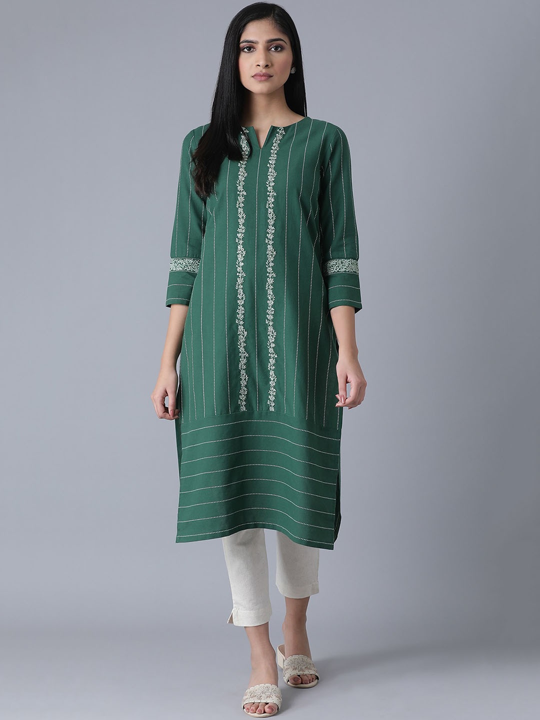 W Women Green Striped Thread Work Kurta