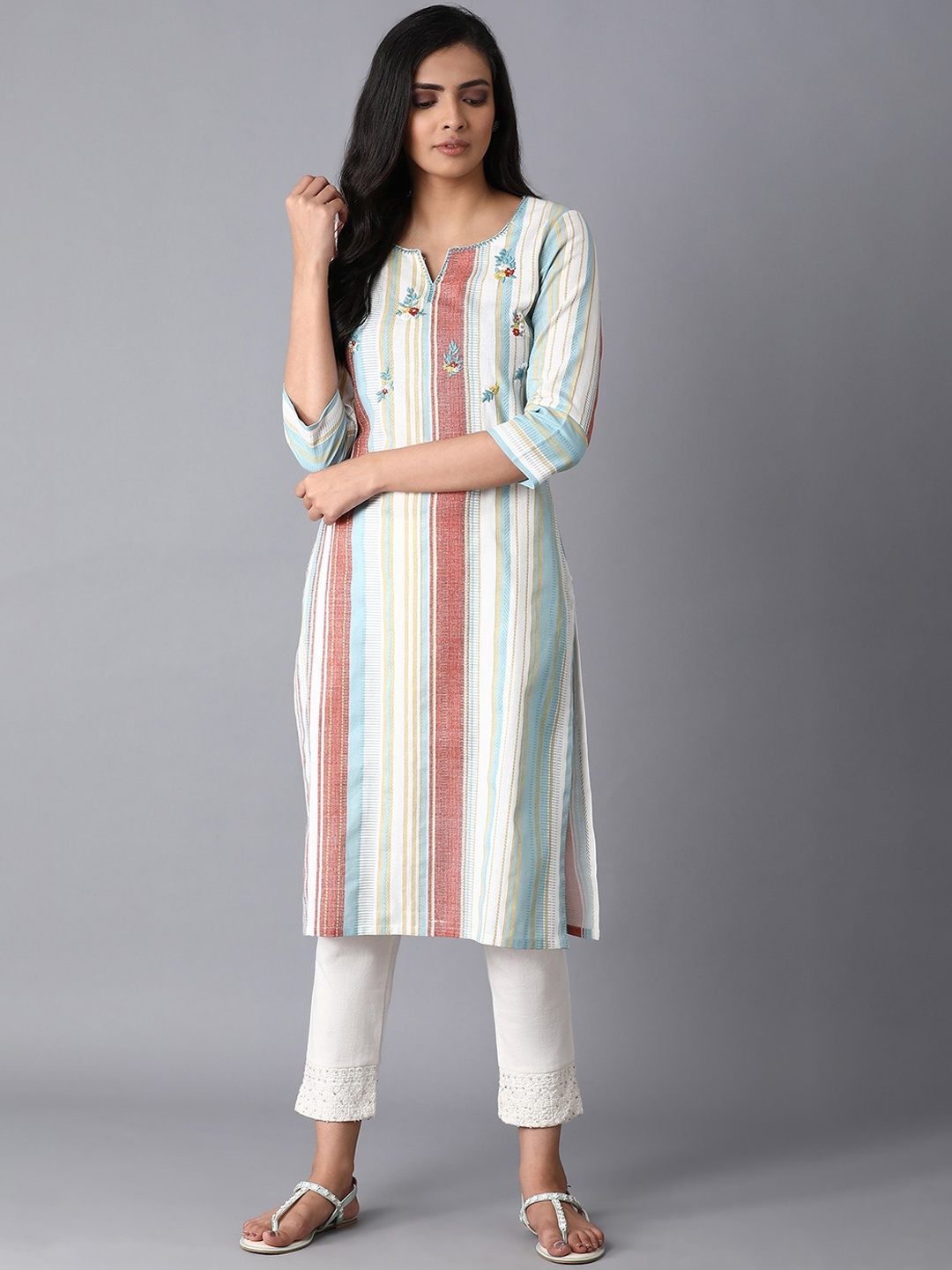 

W Women White Striped Thread Work Floral Kurta