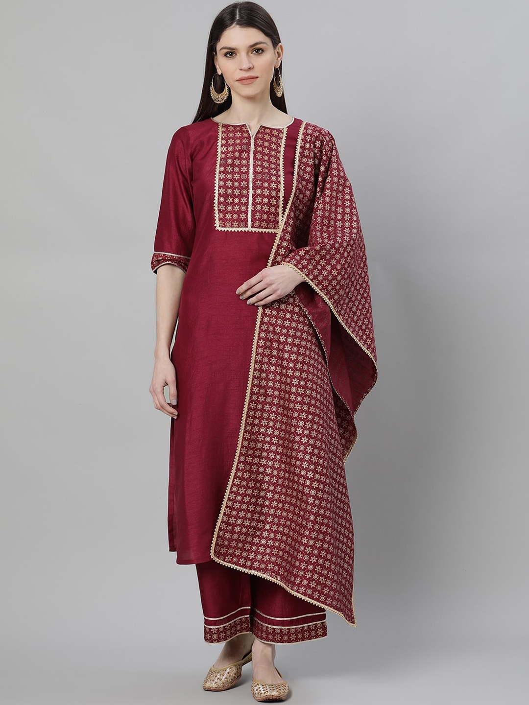 

Gerua By Libas Women Maroon Yoke Design Kurti with Palazzos Dupatta