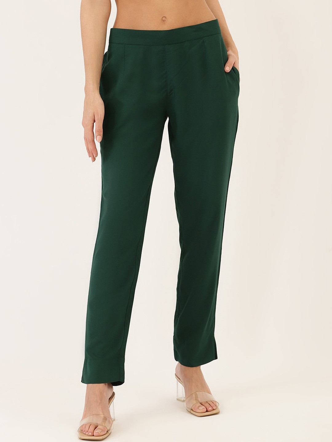 

Cottinfab Women Green Straight Fit Solid Regular Trousers