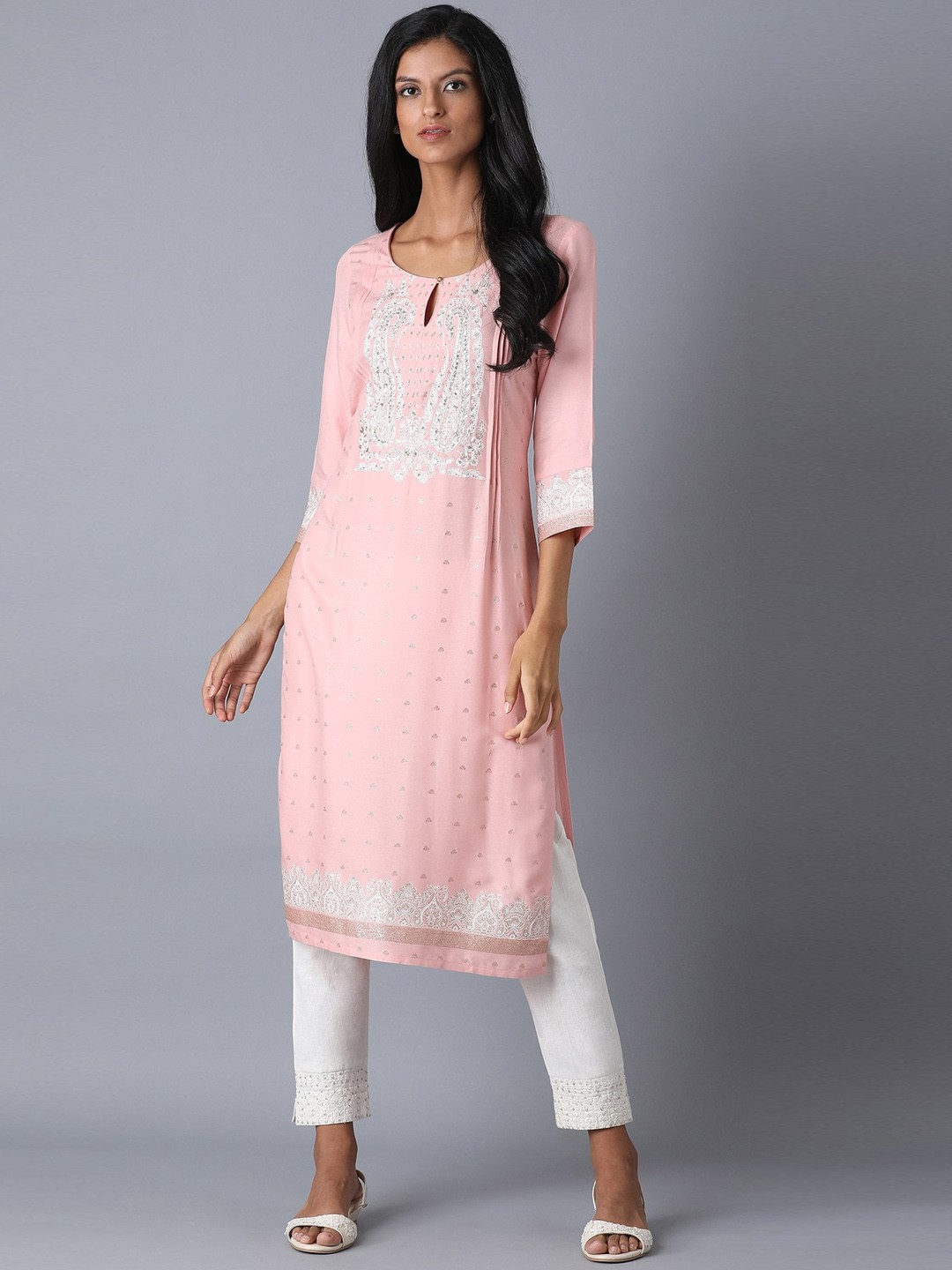 

W Women Pink Yoke Design Keyhole Neck Thread Work Kurta