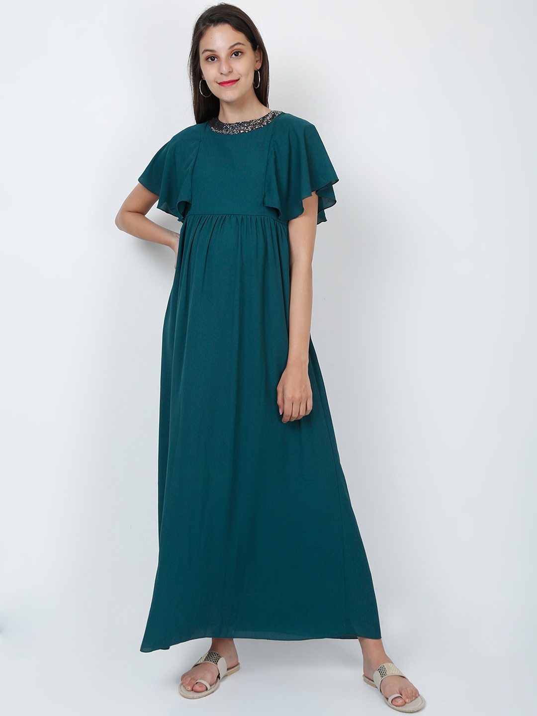 

The Mom Store Women Green Solid Maternity Maxi Dress