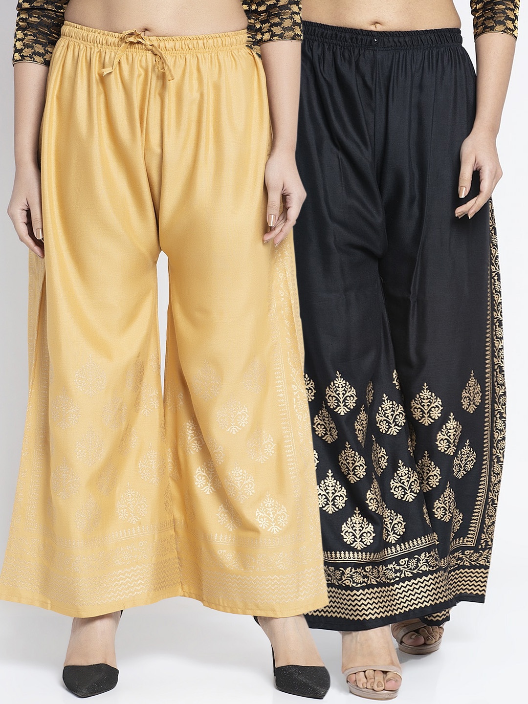 

GRACIT Women Pack Of 2 Black & Beige Hem Design Flared Palazzos