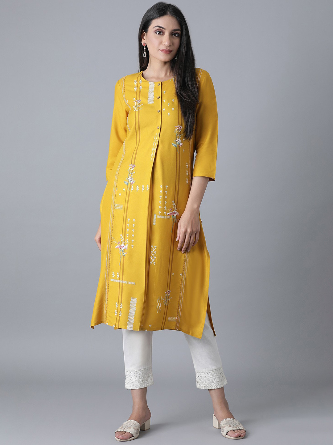 

W Women Yellow Printed Keyhole Neck Thread Work Kurta