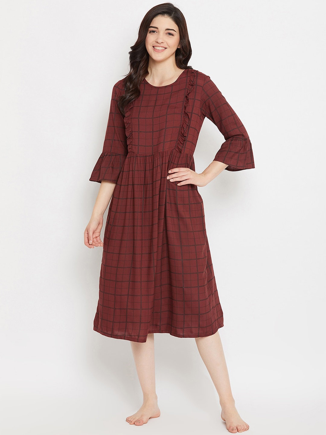 

Clovia Maroon Checked Maternity Nightdress