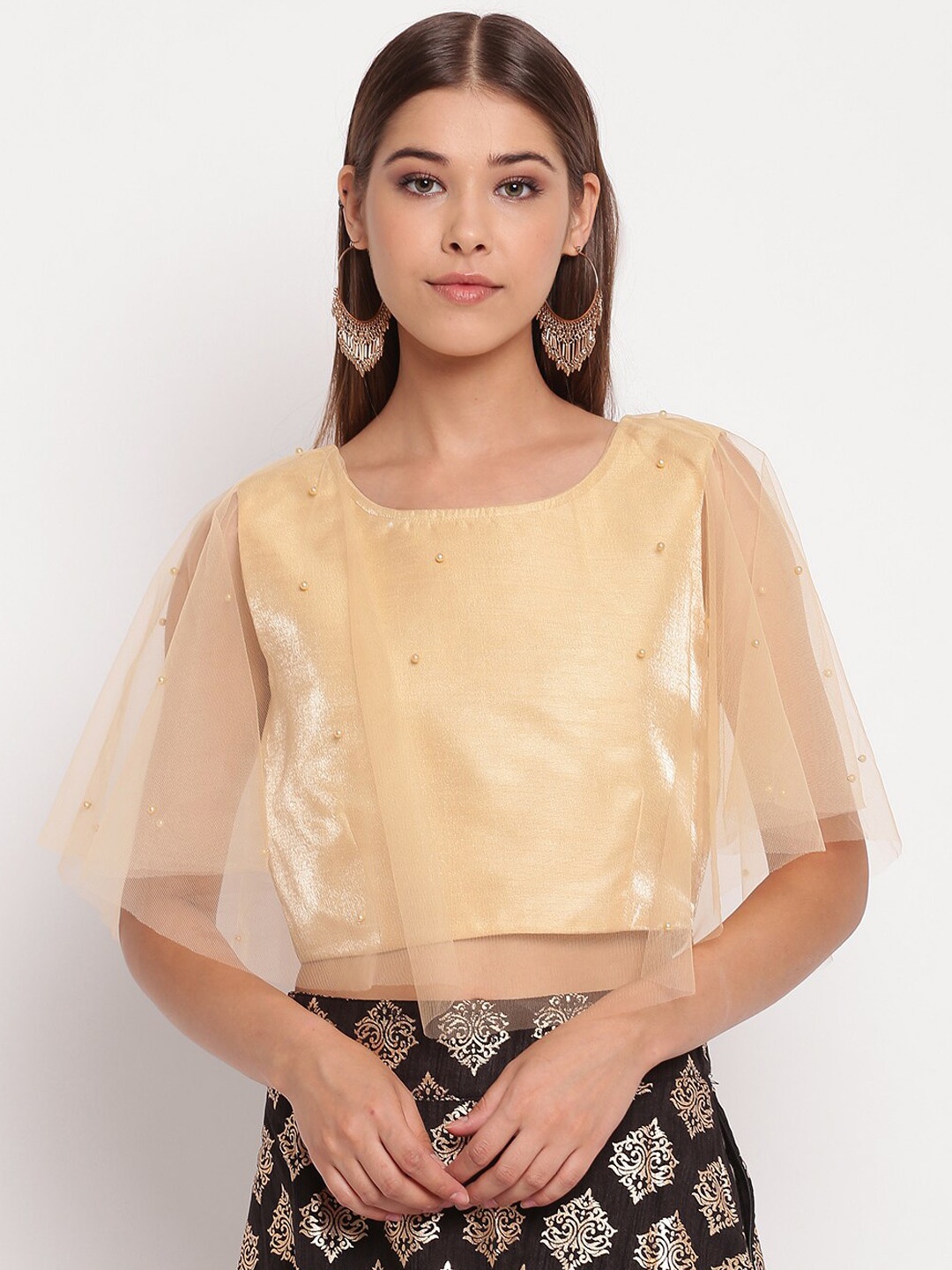 

AKIMIA Beige Embellished Cape Crop Top