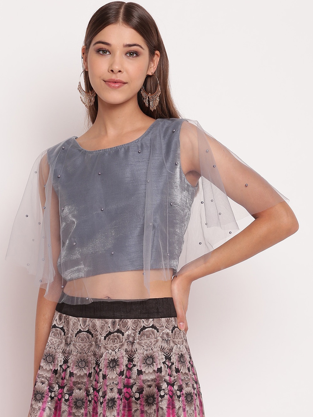 

AKIMIA Grey Embellished Printed Ethnic Crop Top