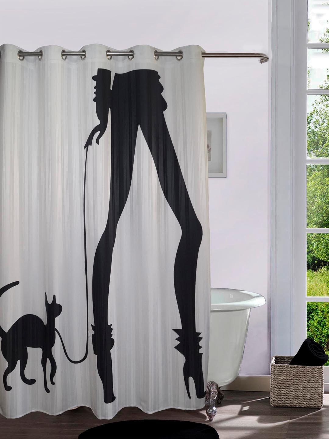 

Lushomes Off-White & Black Digitally Printed Cat Woman Shower Curtain with 10 Eyelets