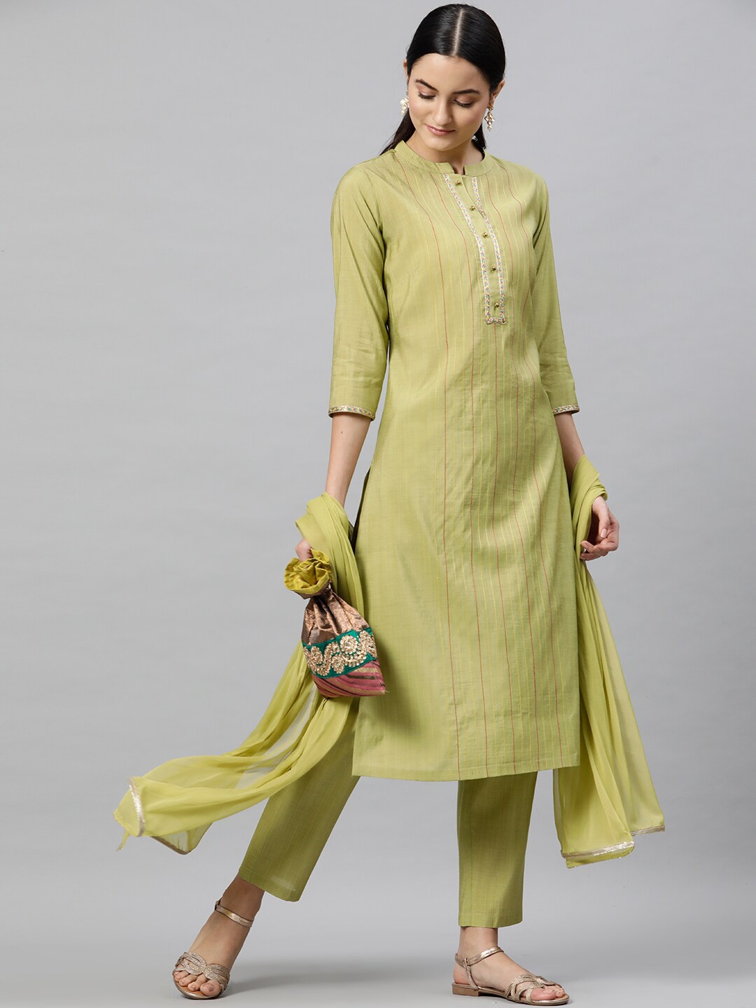 STREET 9 Women Green Embroidered Regular Kurta with Trousers & With Dupatta