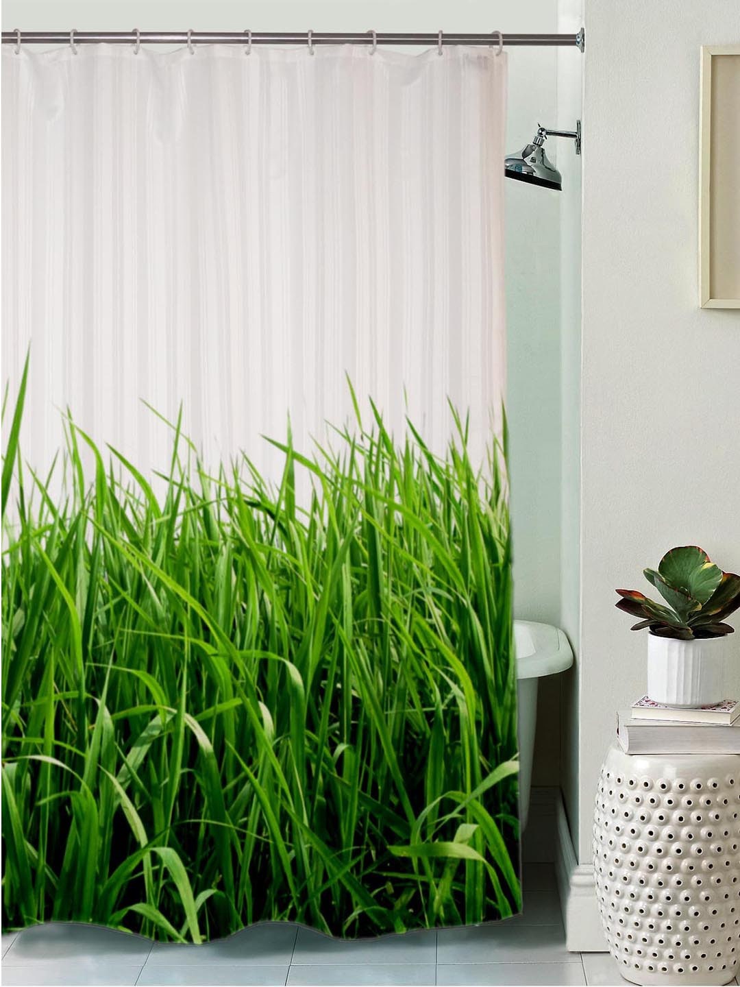 

Lushomes White Green Digitally Printed Designer Shower Curtain with 10 Eyelets