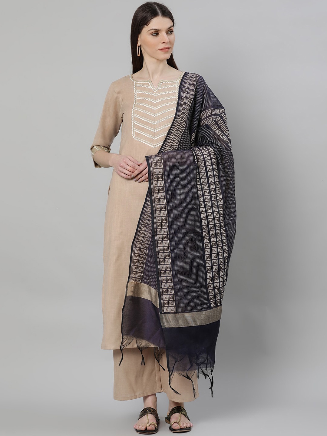 

Gerua By Libas Women Beige Blue Woven Design Kurta with Palazzos Dupatta