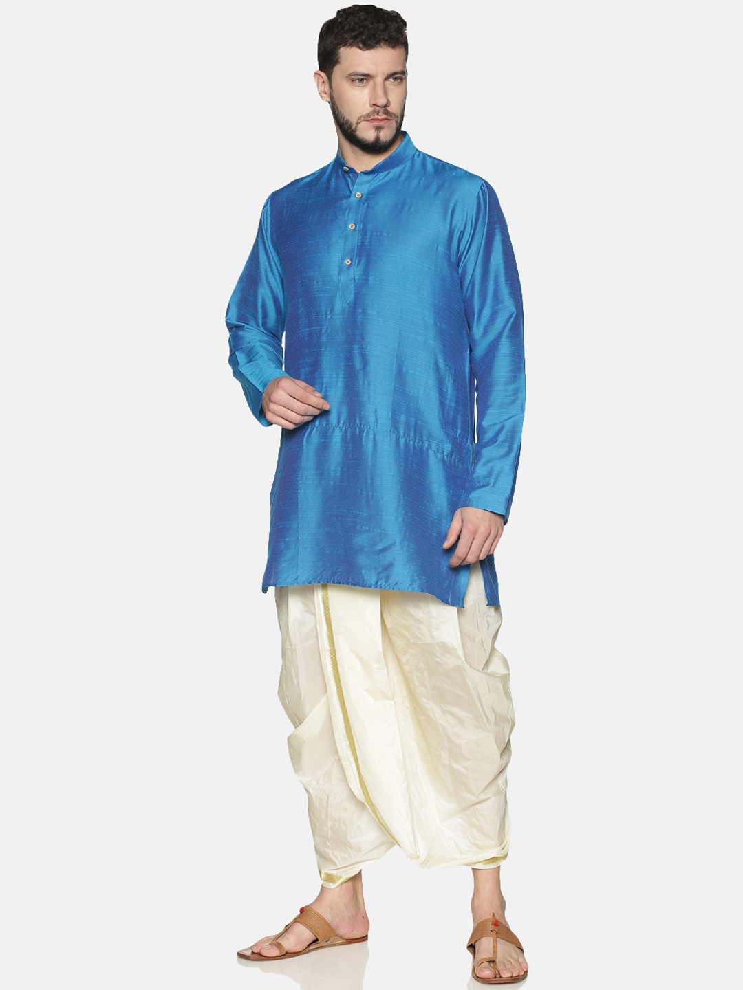 

TATTVA Men Blue & Cream-Coloured Solid Kurta with Dhoti Pants