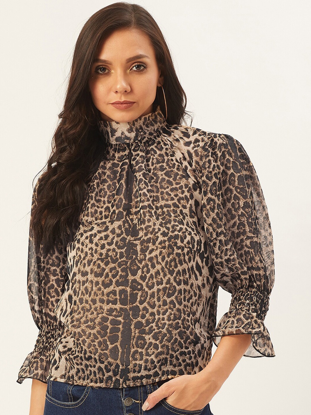 

ANVI Be Yourself Grey Animal Printed Accordion Pleated Sleeves Georgette Top, Brown