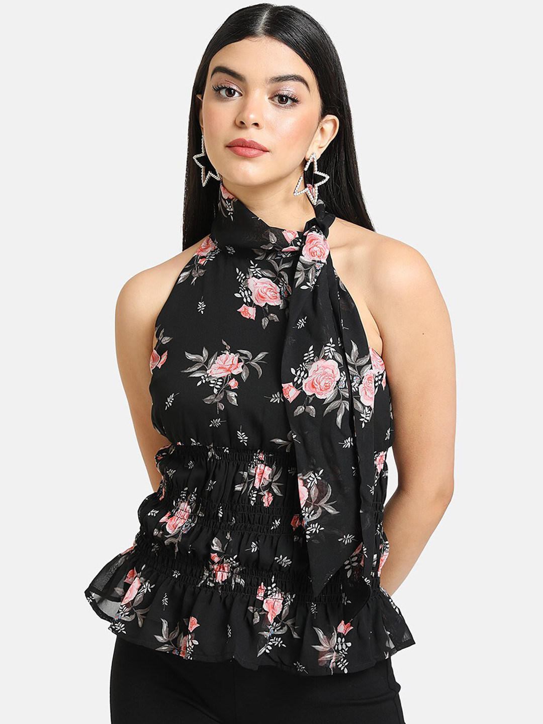 

Kazo Black Floral Printed Halter Neck Peplum Top