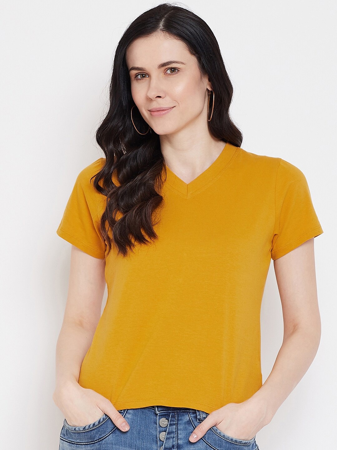 

Imfashini Women Yellow Solid V-Neck T-shirt