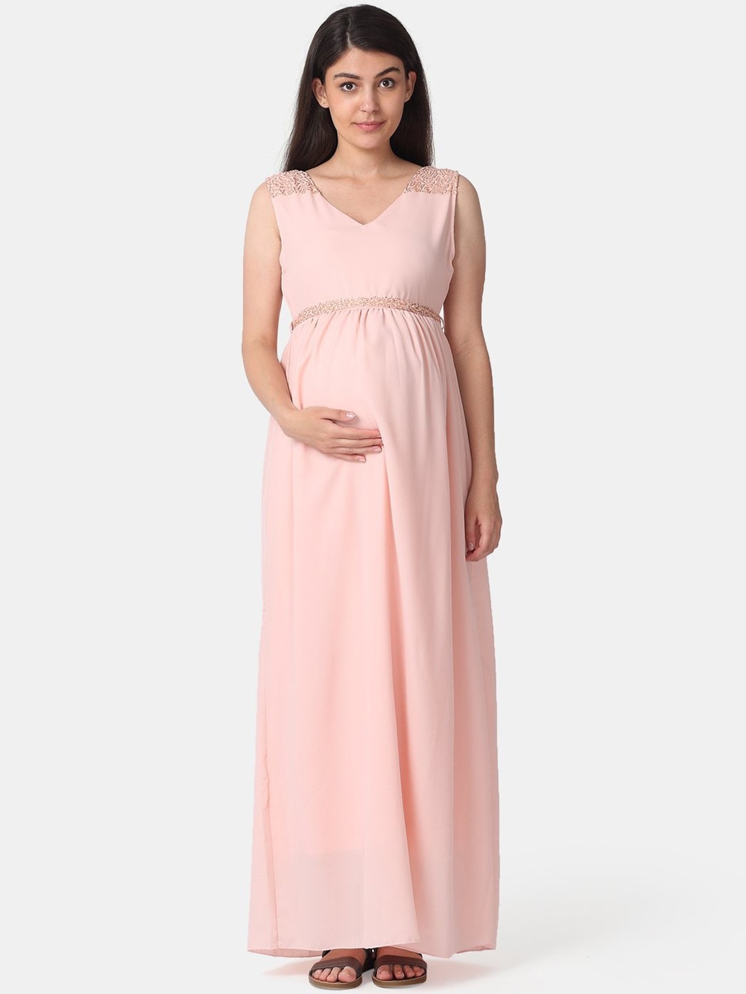 

The Mom Store Women Peach-Coloured Solid Maternity Maxi Dress