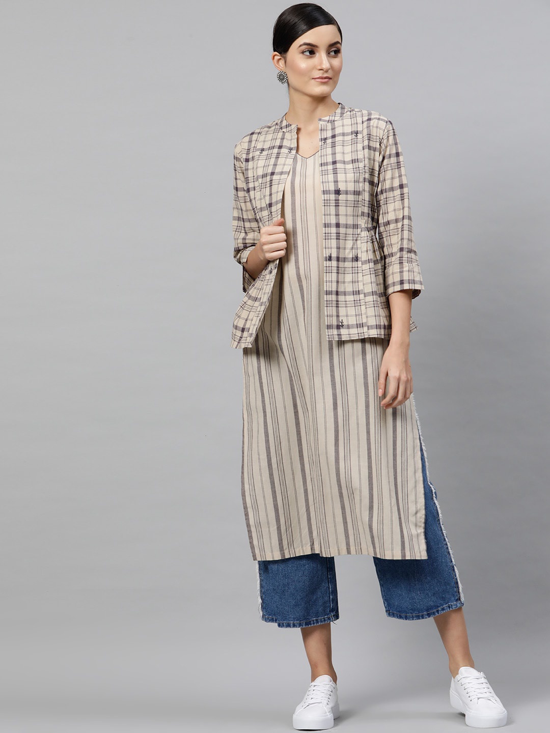 

STREET 9 Women Beige Striped Kurta with Jacket