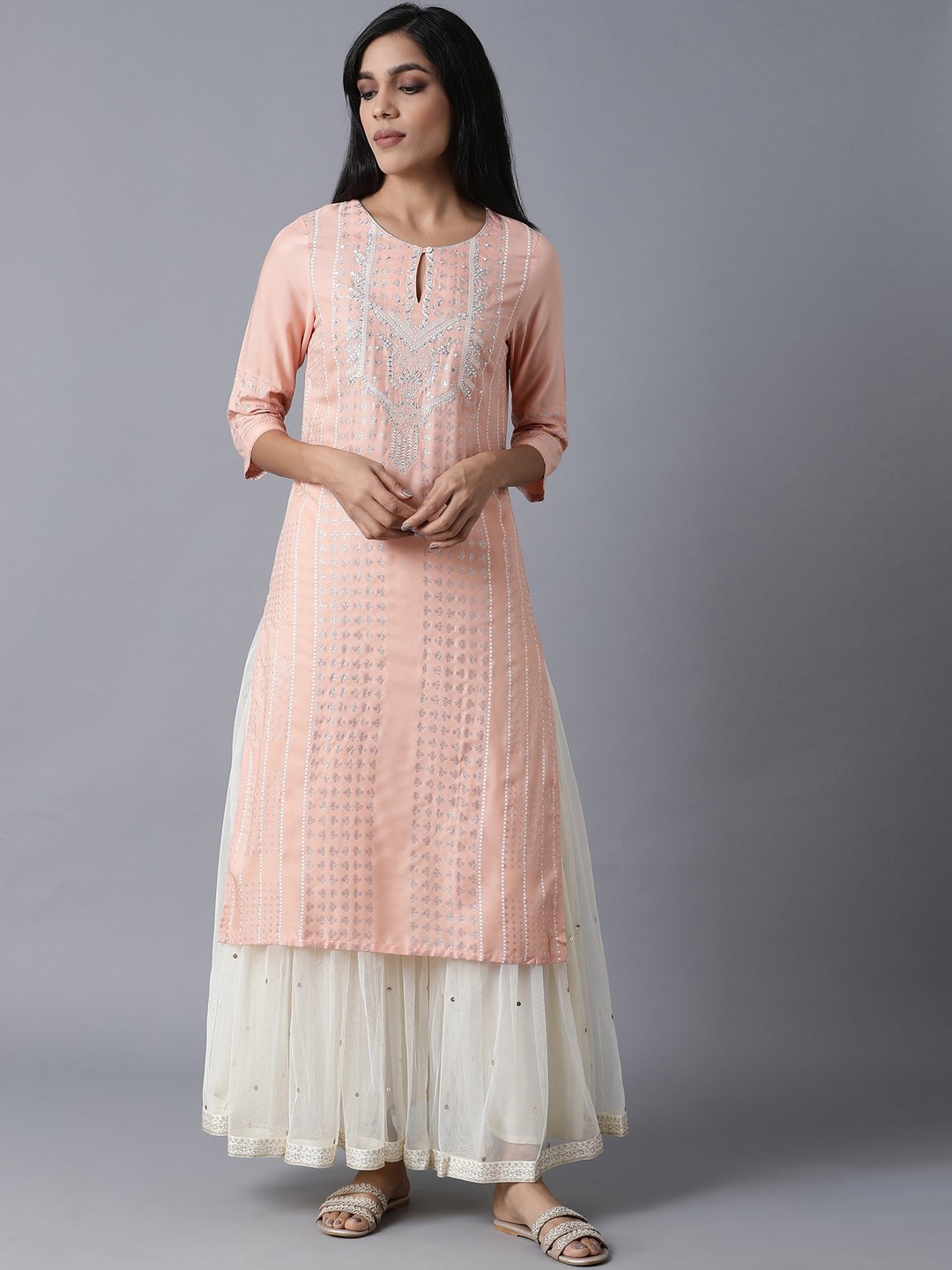 

W Women Peach-Coloured Dyed Keyhole Neck Thread Work Kurta