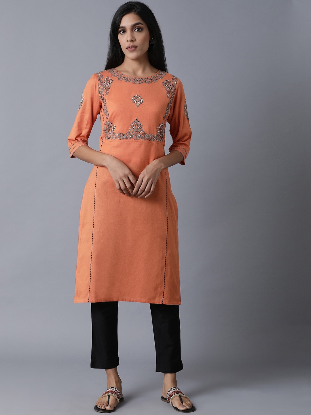 

W Women Orange Floral Embroidered Thread Work Boat Neck Kurta
