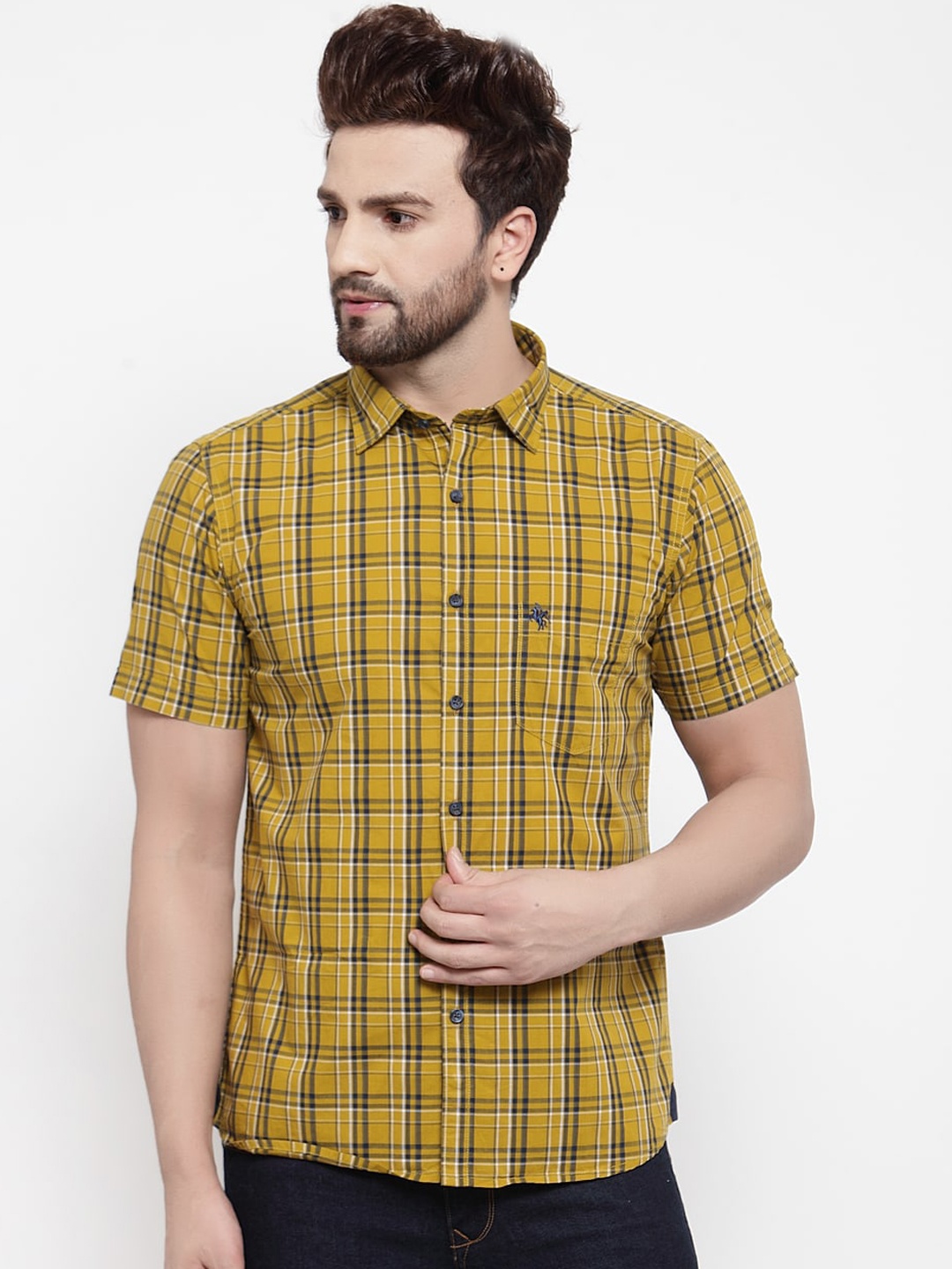 

Cantabil Men Mustard Yellow & Navy Blue Slim Fit Checked Casual Shirt