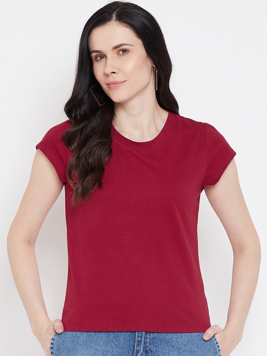 

Imfashini Women Maroon Solid Round Neck T-shirt