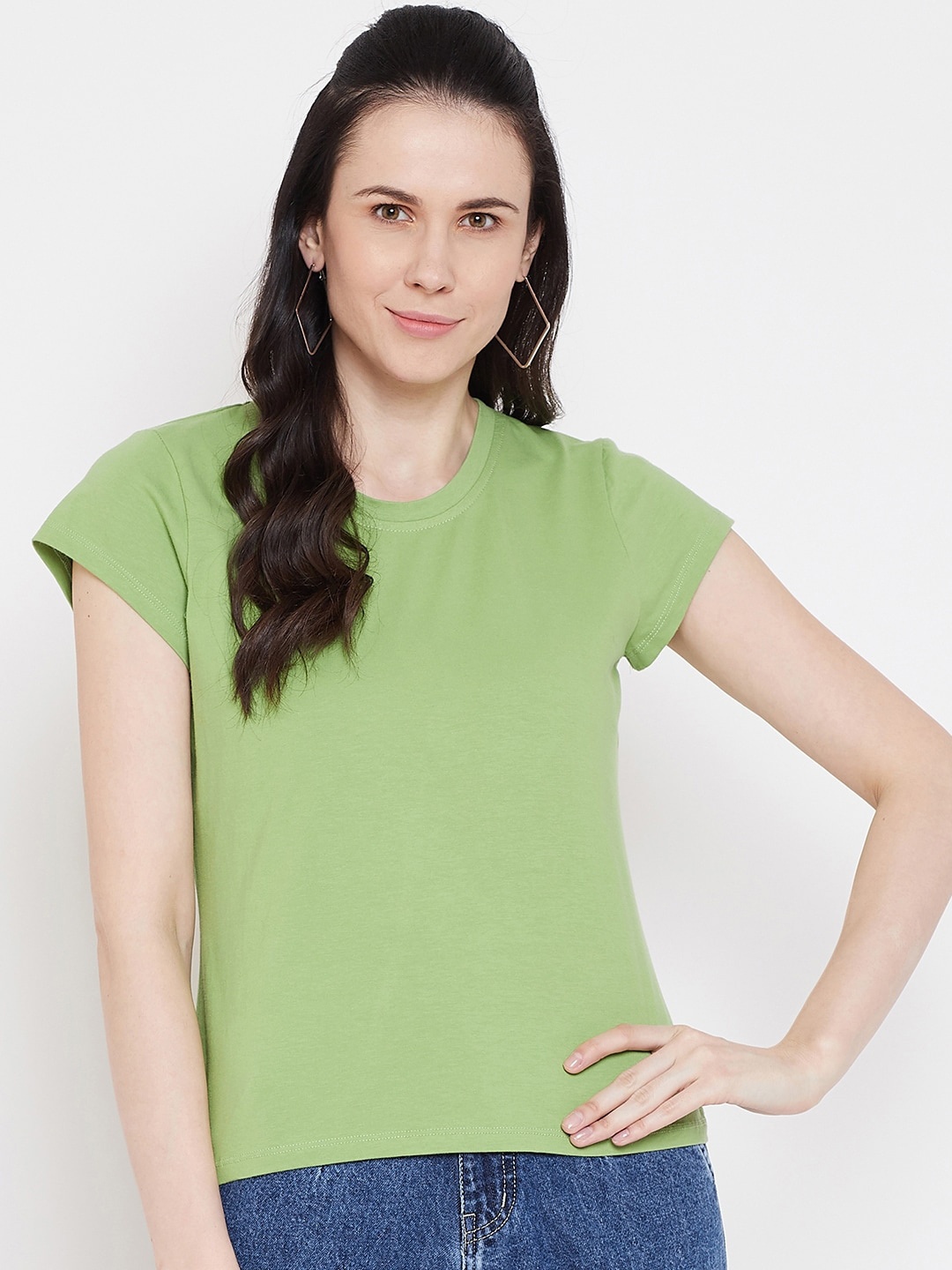

Imfashini Women Sea Green Solid Round Neck T-shirt