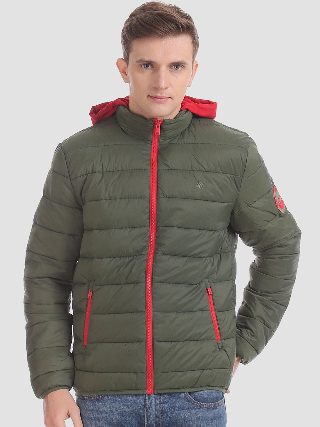 

Aeropostale Men Green Solid Detachable Hood Puffer Jacket