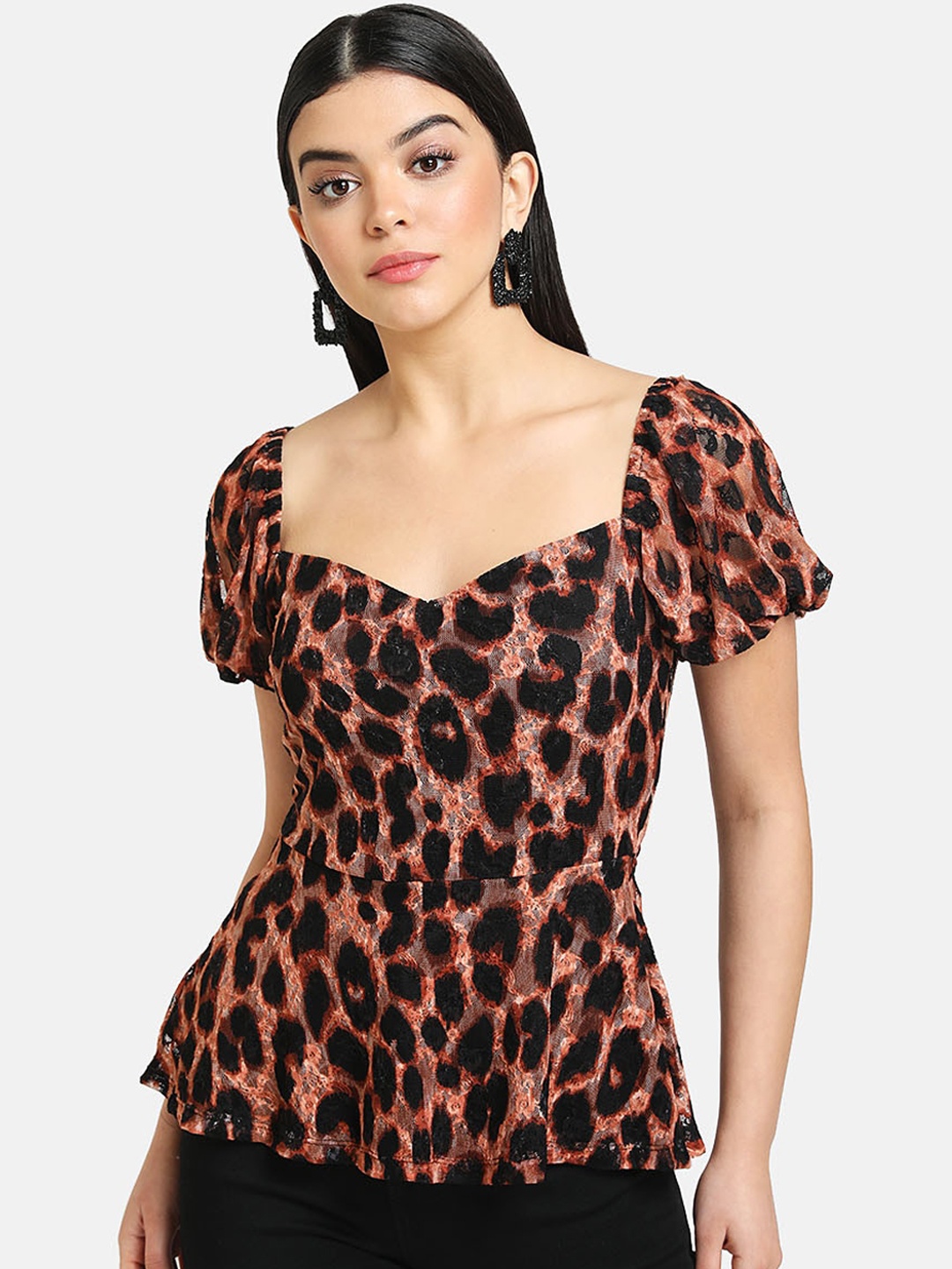 

Kazo Brown & Black Animal Printed Sweetheart Neck Puff Sleeves Peplum Top