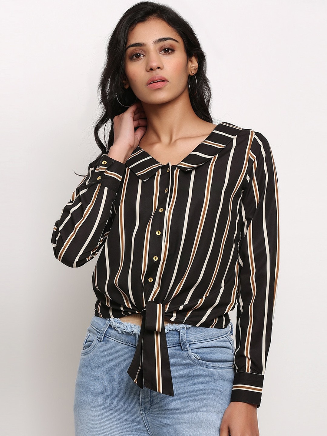 

Slenor Women Black & Brown Regular Fit Striped Casual Shirt