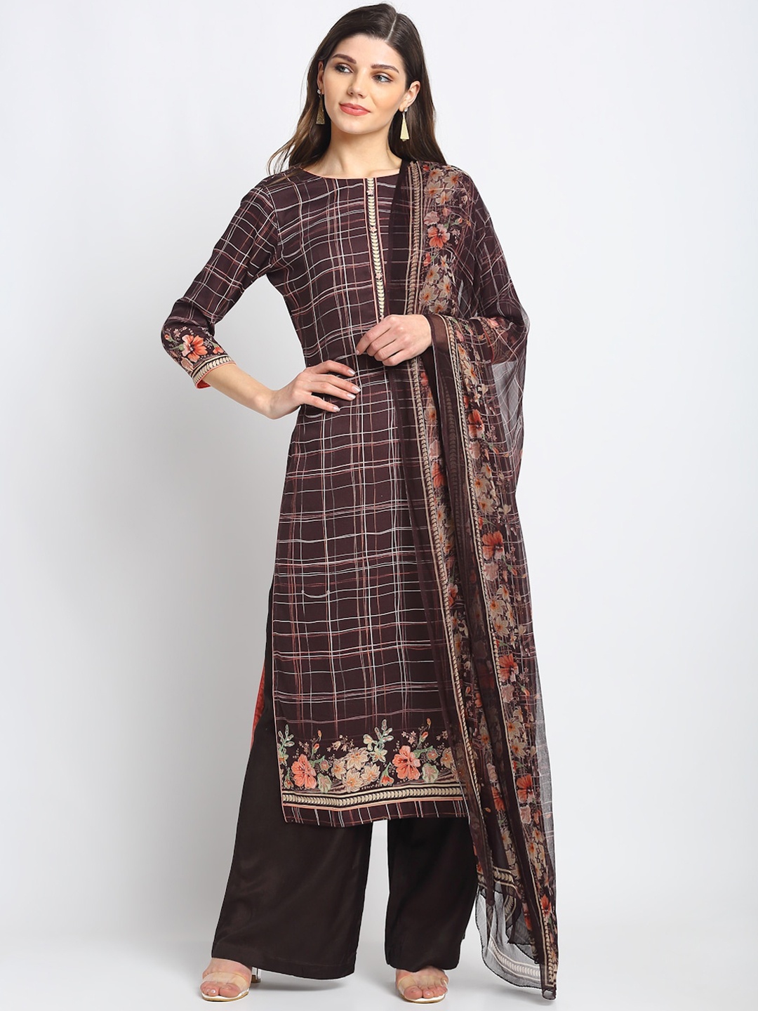 

Stylee LIFESTYLE Brown & Peach-Coloured Cotton Blend Unstitched Dress Material