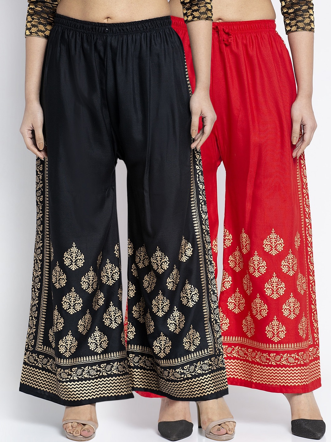 

GRACIT Women Pack of 2 Black & Red Hem Design Wide Leg Palazzos