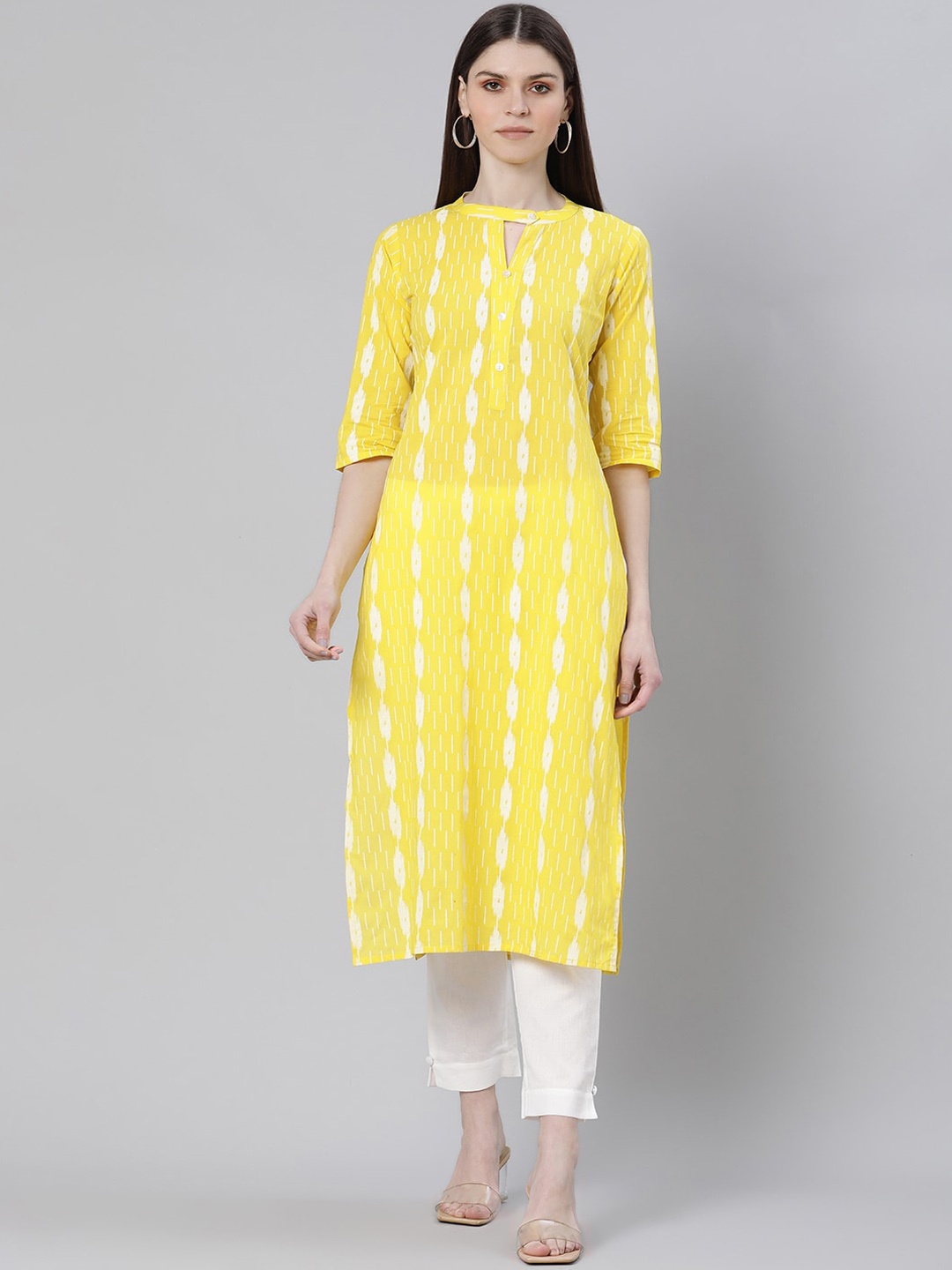 

Gerua By Libas Women Yellow White Geometric Keyhole Neck Kurta