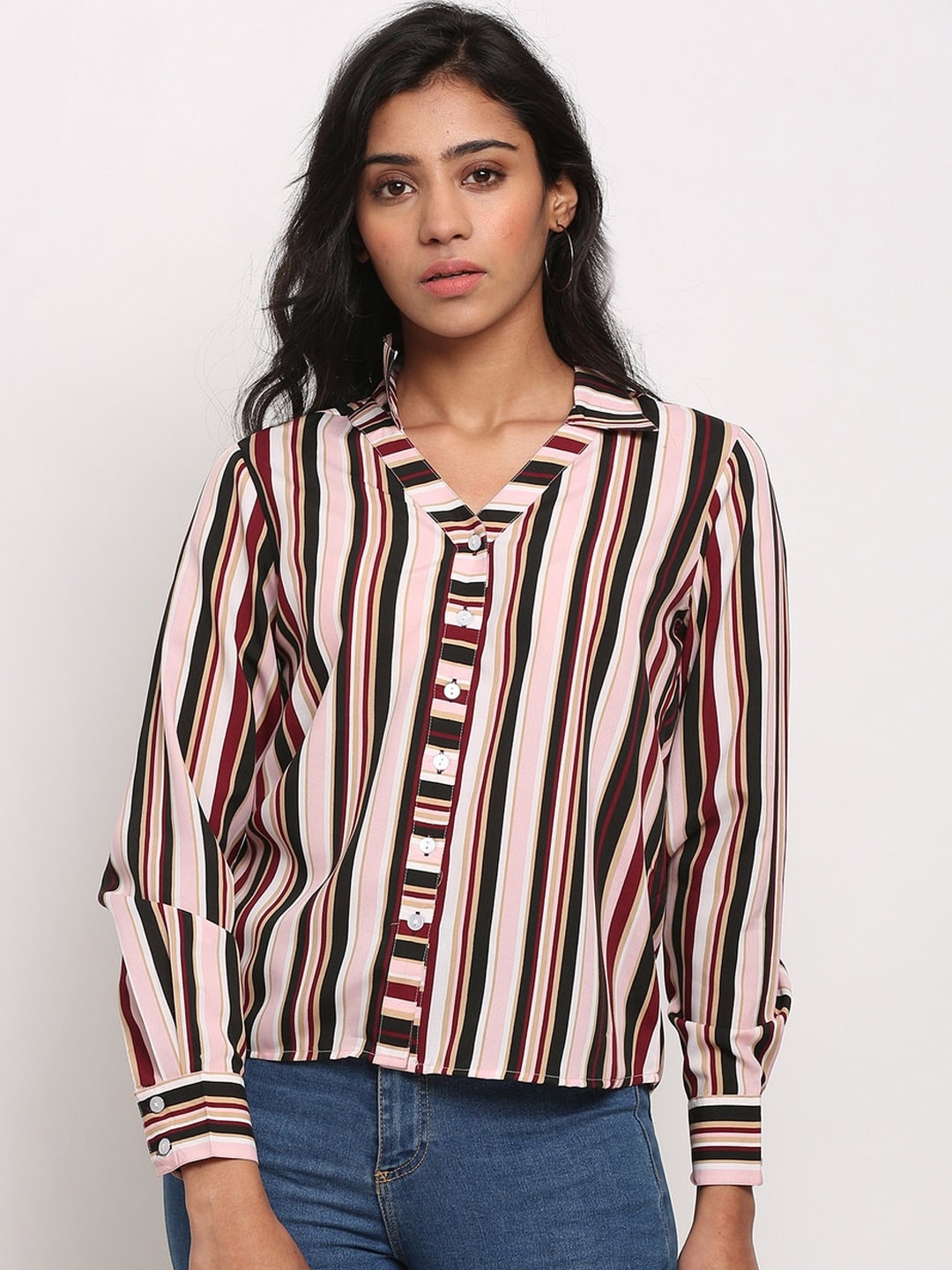 

Slenor Women Pink & Maroon Regular Fit Striped Casual Shirt