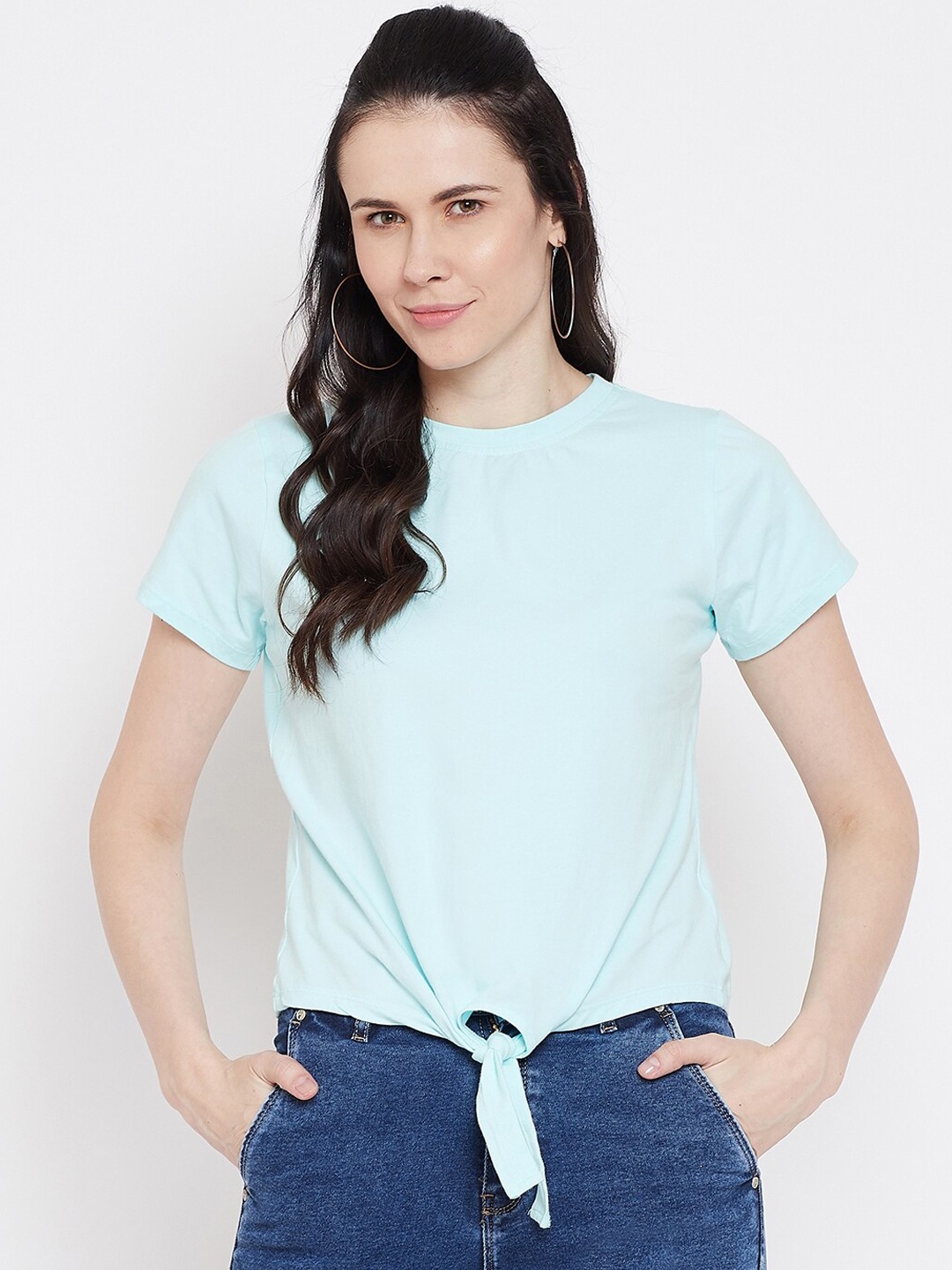 

Imfashini Women Turquoise Blue Solid Round Neck T-shirt