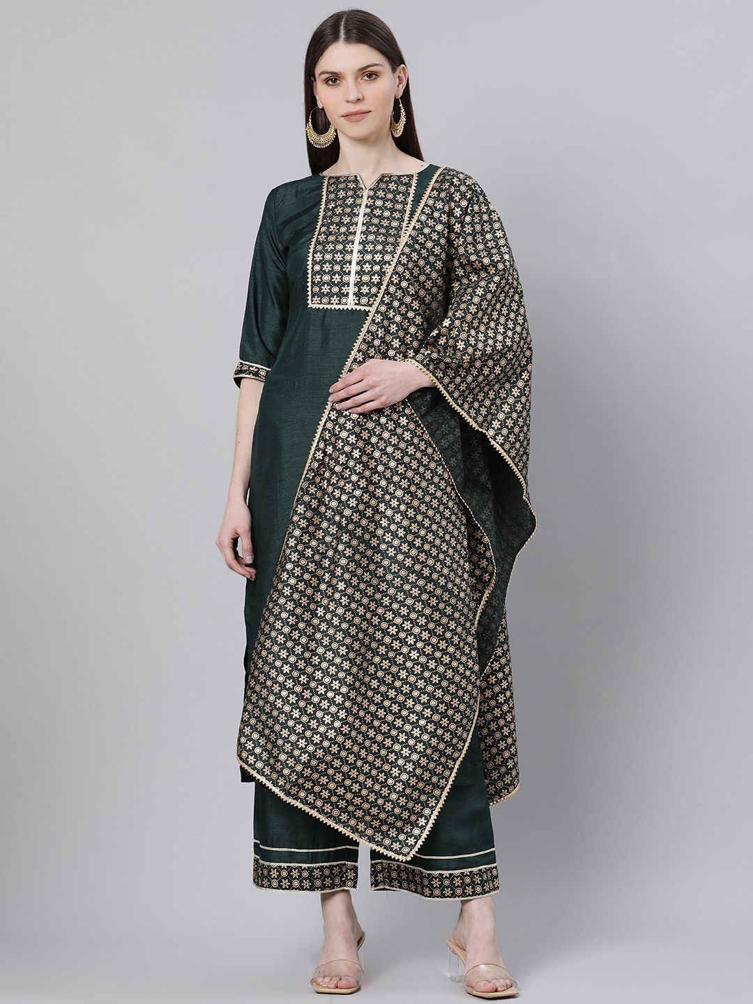 

Gerua By Libas Women Green Yoke Design Kurta with Trousers Dupatta