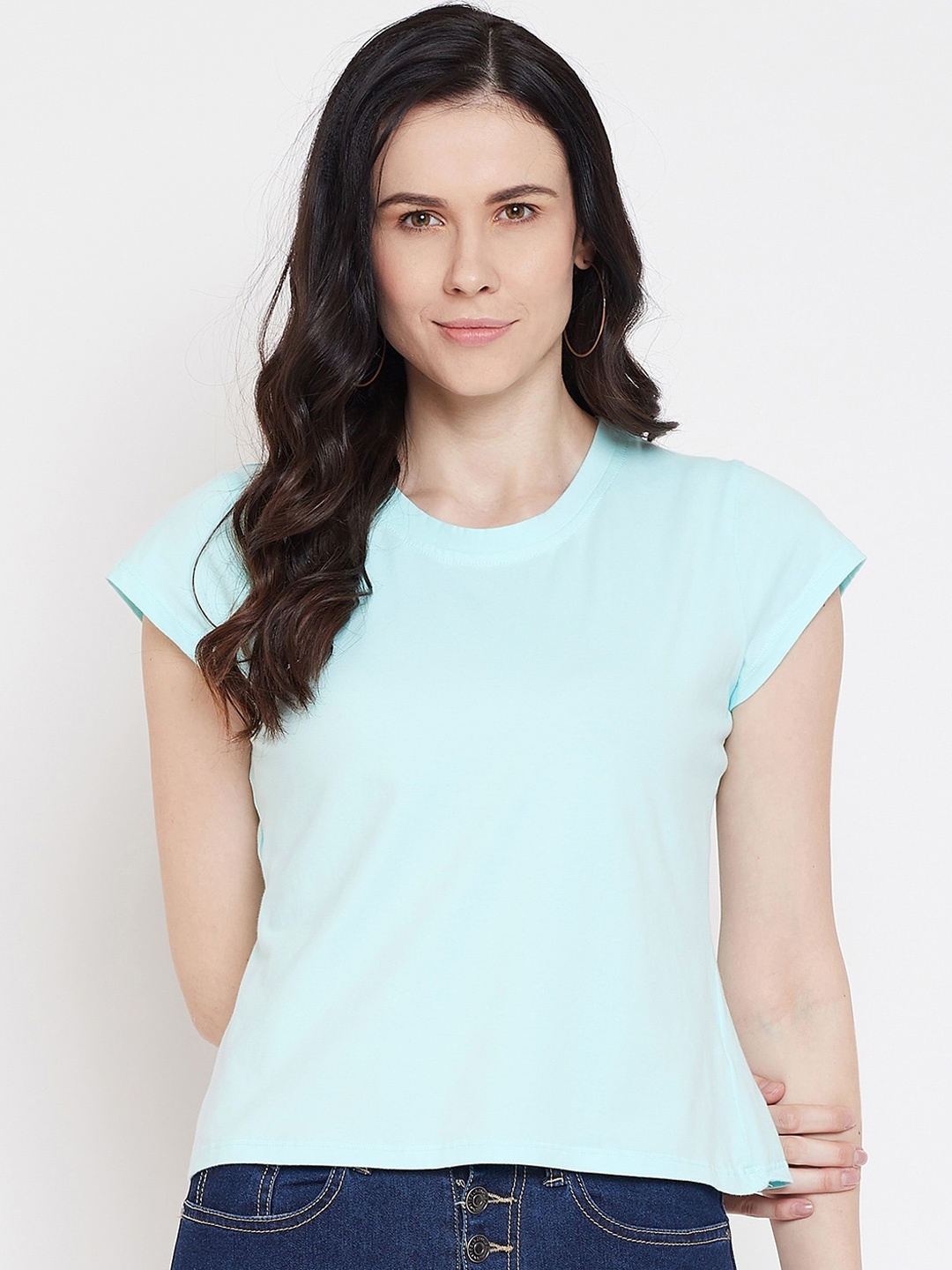 

Imfashini Women Turquoise Blue Solid Round Neck T-shirt