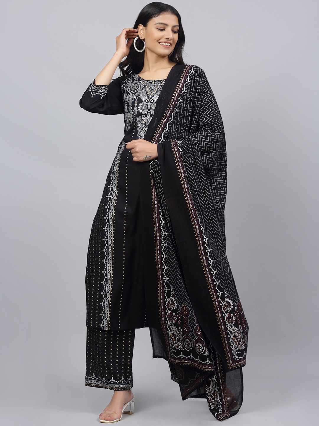 

ANAISA Women Black Printed Kurta with Palazzos & Dupatta