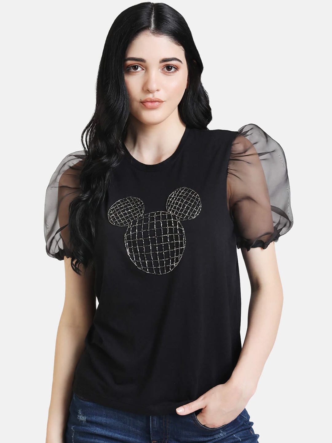 

Kazo Black Embellished Puff Sleeves Top