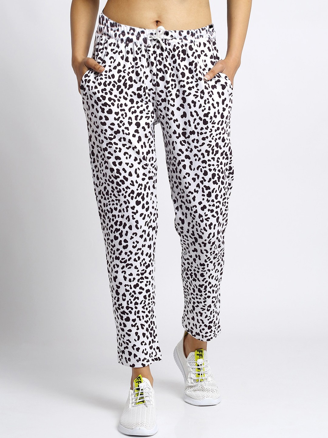 

DOOR74 Women White & Black Panther-Skin Printed Cotton Track Pants
