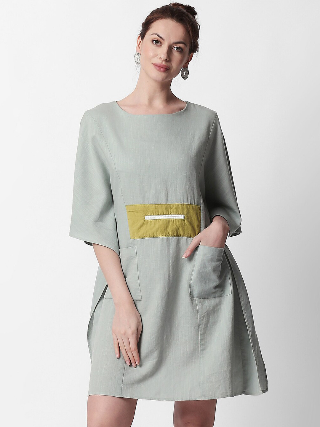 

RAREISM Round Neck Linen Kaftan Dress, Green