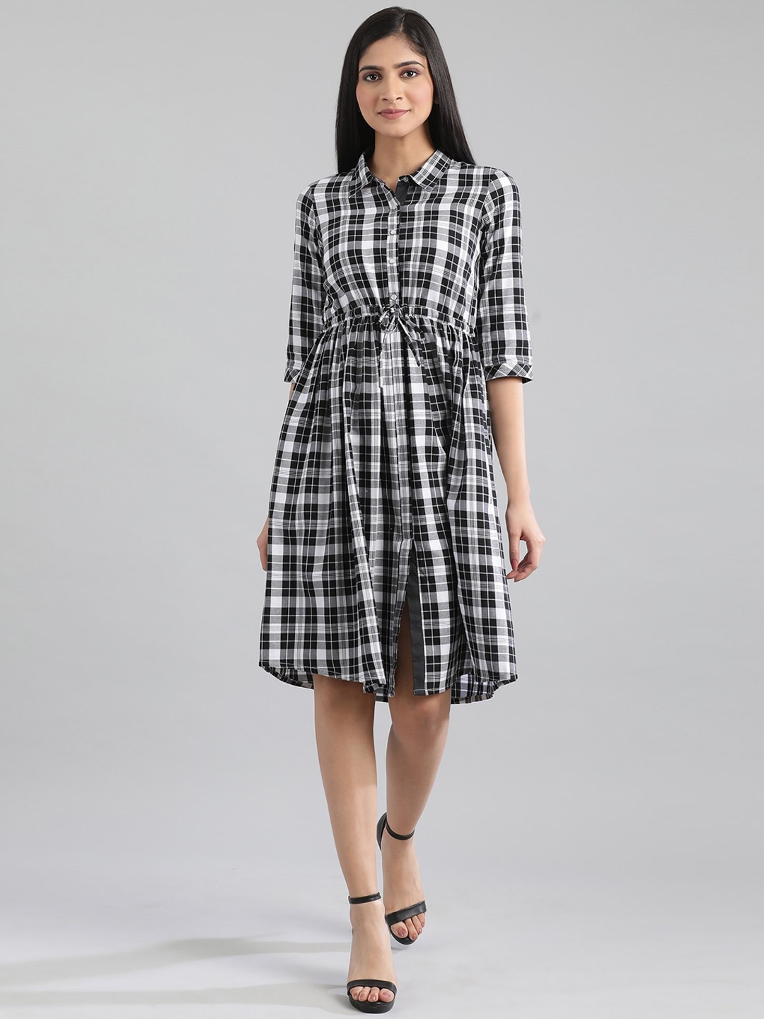 

AURELIA Women Black Checked Shirt Dress