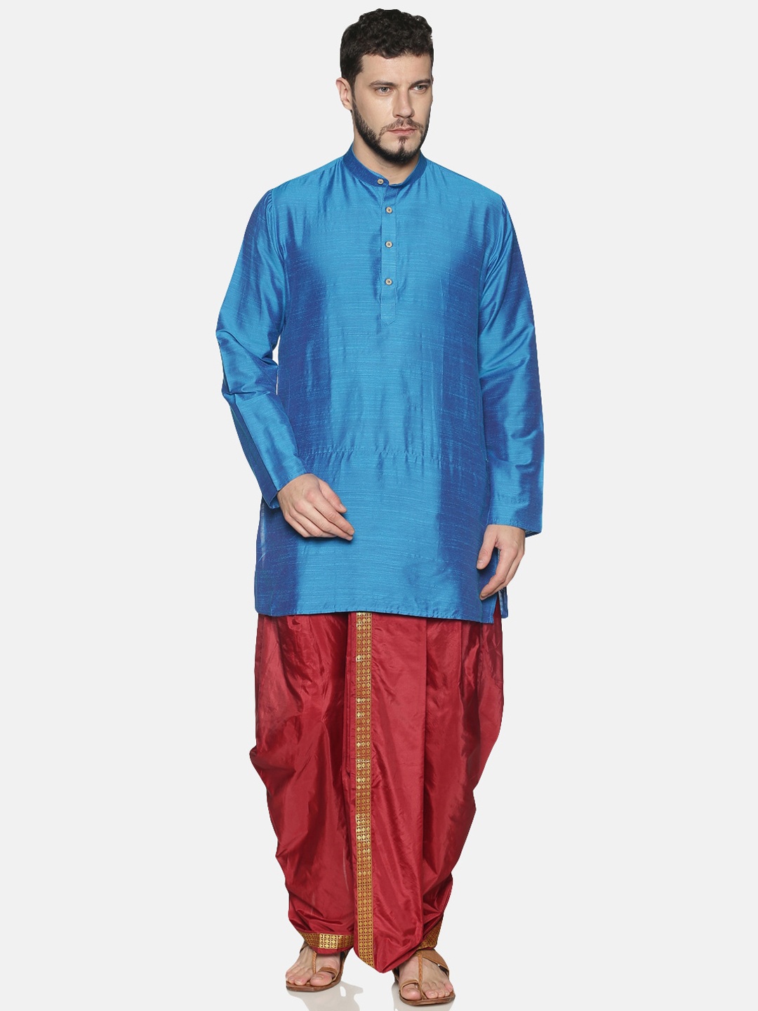 

TATTVA Men Blue & Maroon Solid Kurta with Dhoti Pants