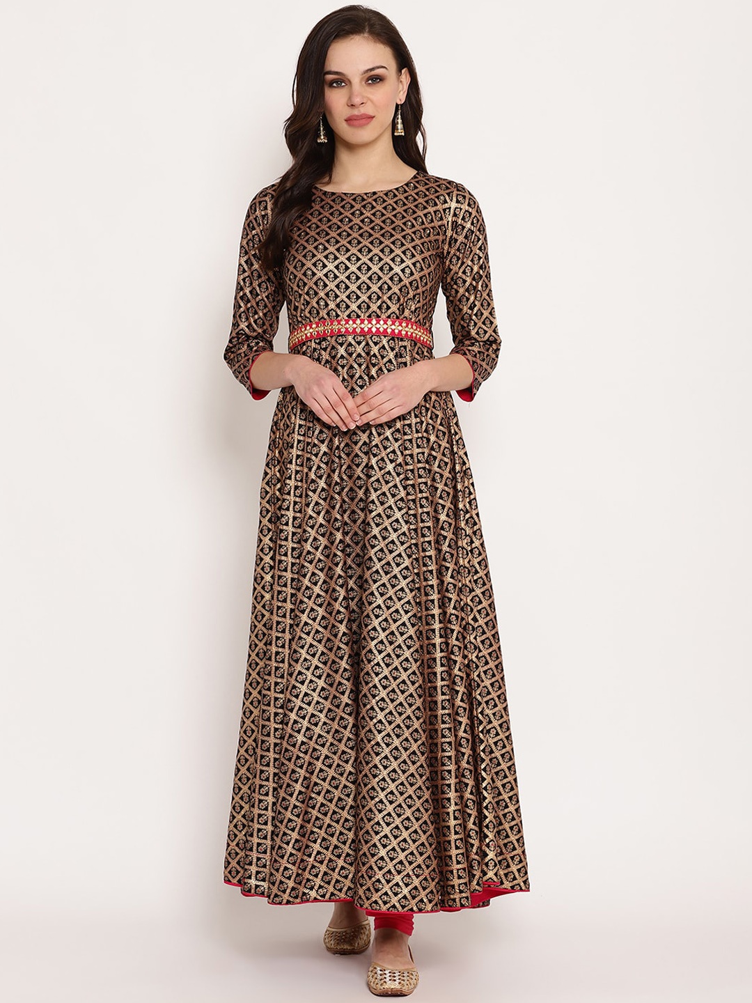 

Ramas Women Black Gold Ethnic Motifs Printed Flared Sleeves Sequins Kurta