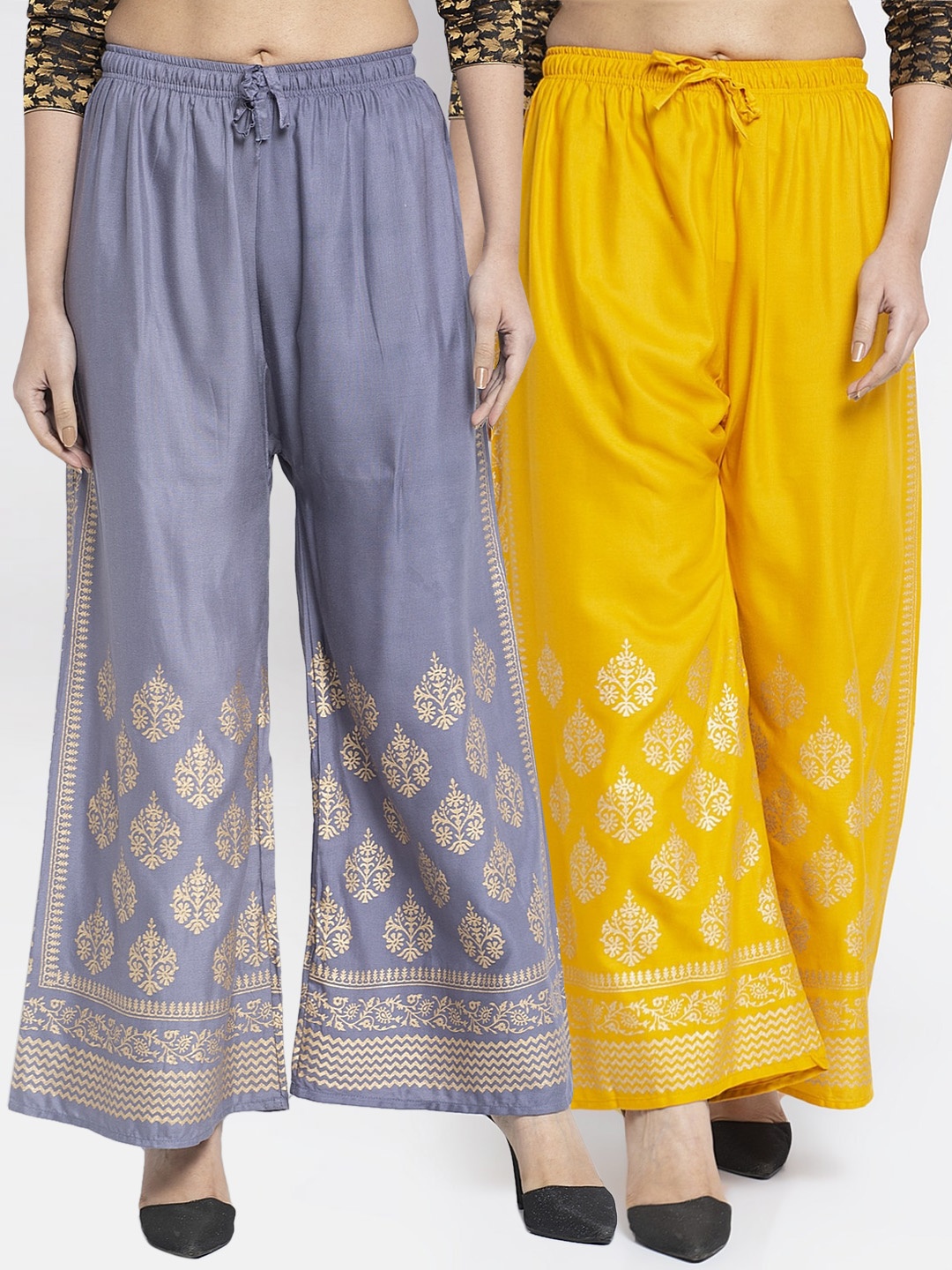 

GRACIT Women Grey & Yellow Set of 2 Hem Design Flared Palazzos
